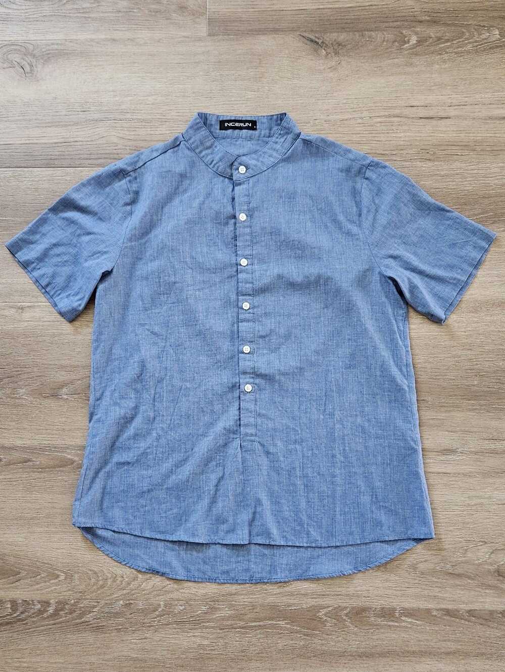 Incerun Casual Blue Short-Sleeve Mandarin Collar Shirt Size S